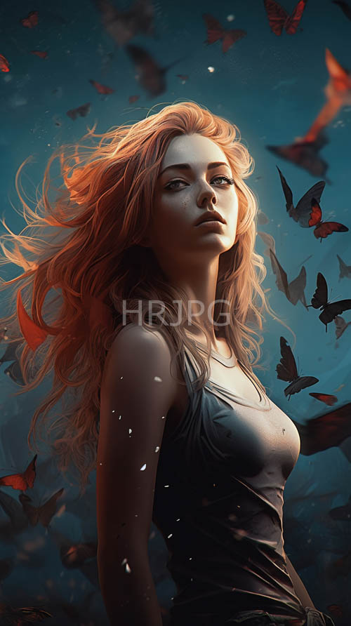 of enigmatic fairskinned woman amidst crimson butterflies in teal background
