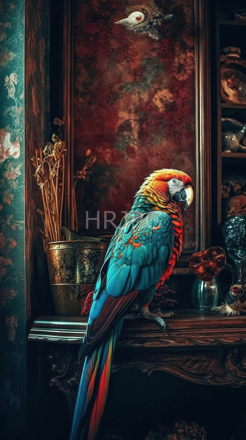 exotic macaw showcases multicolored plumage amidst vintage decor