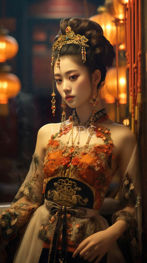 east asian woman in ornate gilded headpiece adorns hanfu fashion and tradition