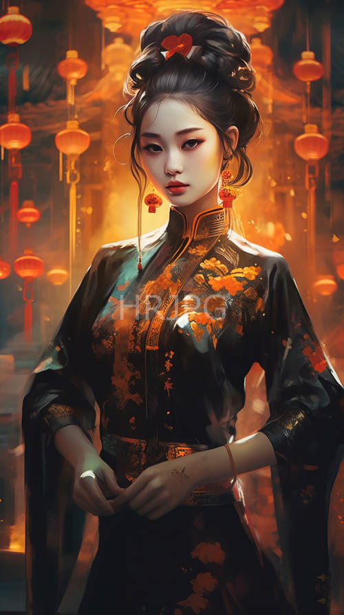 east asian woman in traditional cheongsam with rich black silk and crimson floral patterns