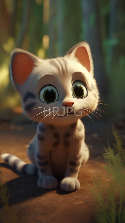 High Resolution: Majestic CartoonStyle White Kitten Replaces on Forest Floor Amidst Softly Blurred Trees download. | HRJPG.com