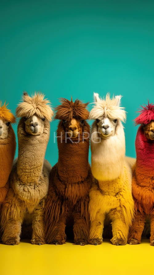 five colorful alpacas standing in a striking lineup amidst a vibrant turquoise background
