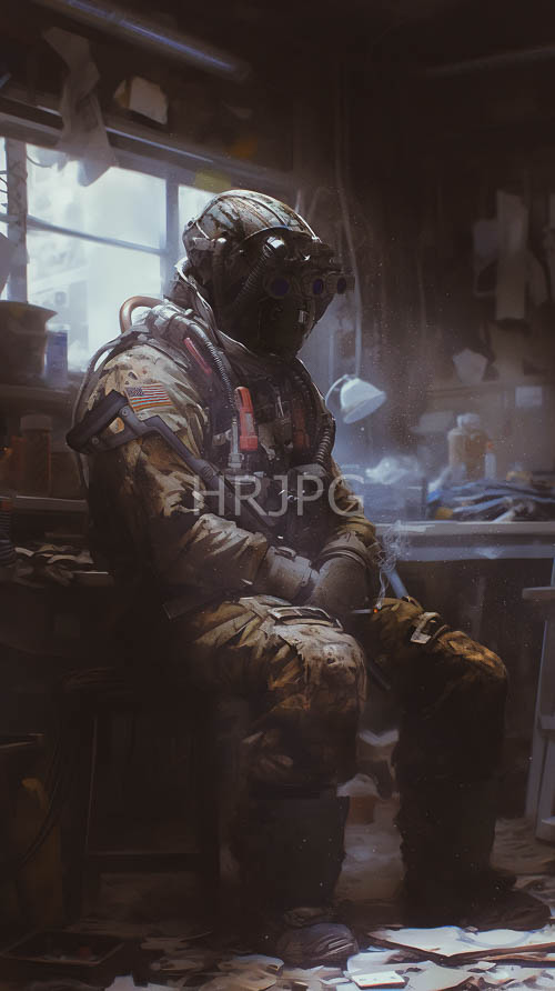 High Resolution: Weary soldier finds respite in cluttered workshop amidst grimeencrusted machinery download. | HRJPG.com