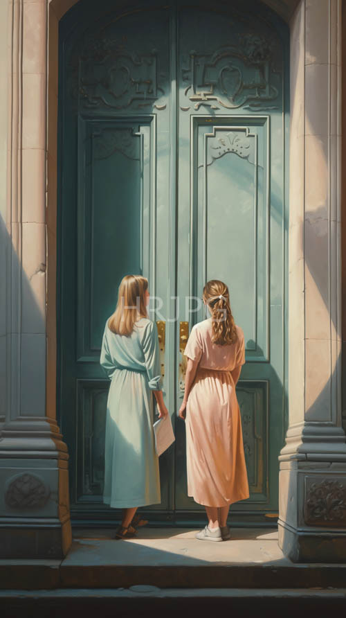elegant women pose amidst ornate teal double door in europeaninspired setting under natural light