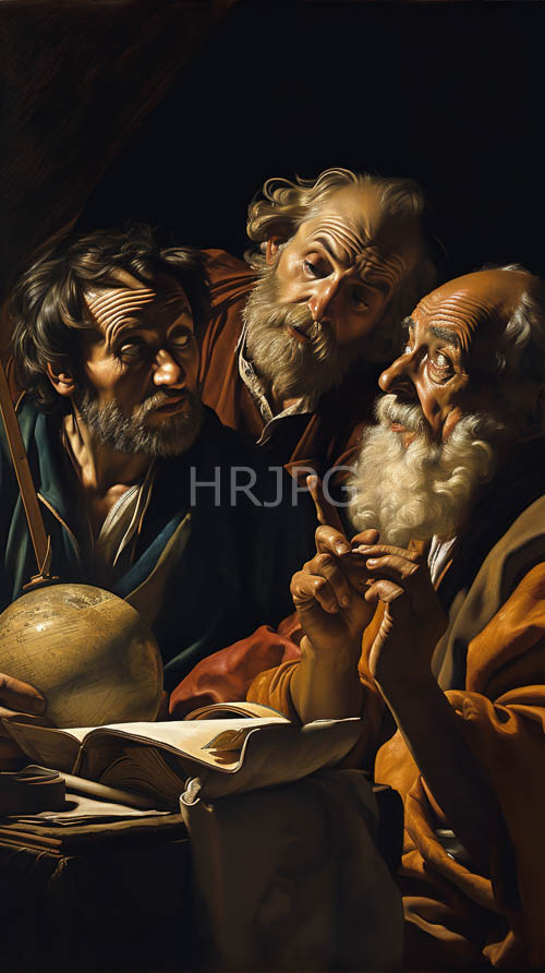 elderly scholars engaged in intellectual discussion in chiaroscuro setting