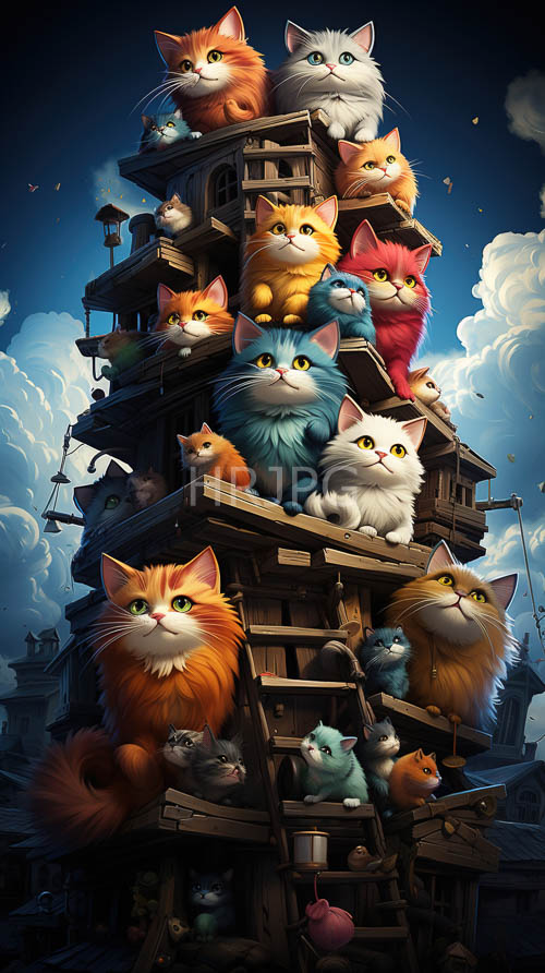 ancient tower weathered by time supports colorful feline figures against cloudy backdrop