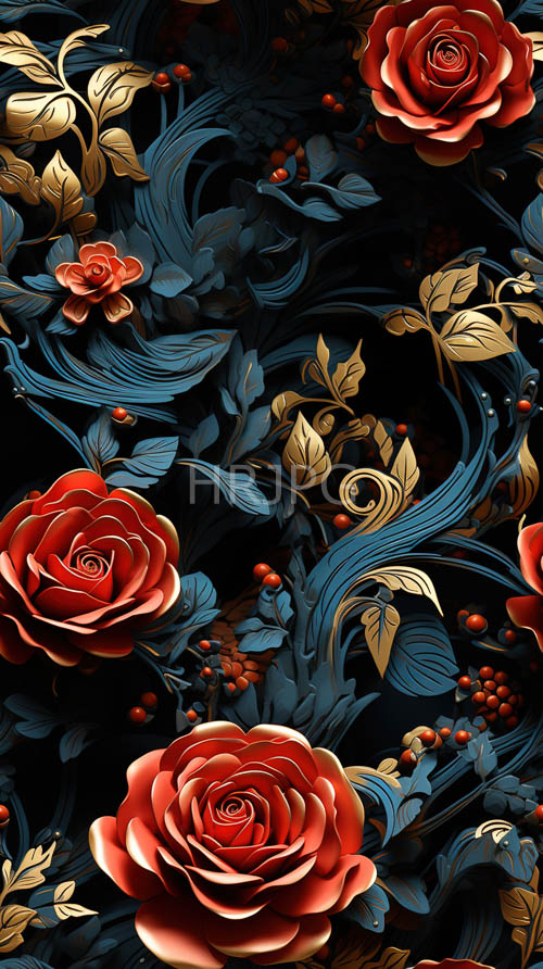 botanical tapestry with swirling teal foliage and luxurious red roses