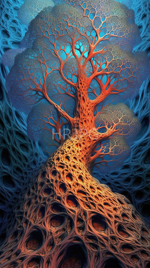vermilion branching patterns swirl across cool blue gradient backdrops