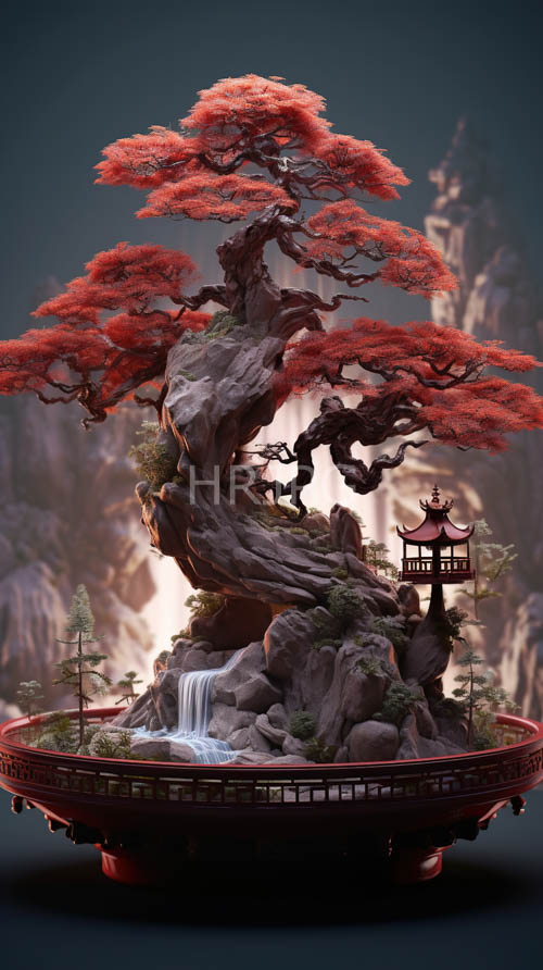 towering bonsai tree with crimson foliage perched on rugged rocky terrain