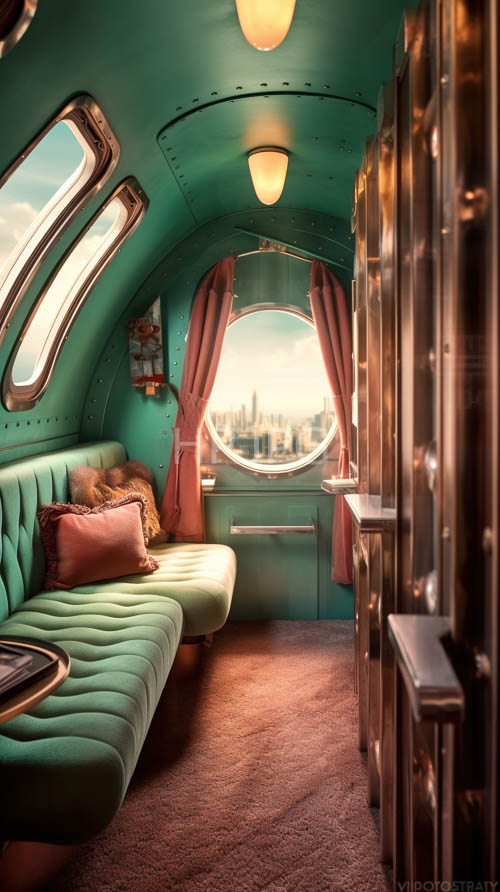 luxuriously restored vintage airplane cabin with plush green leather sofa styling