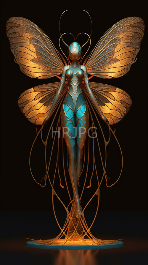 insectoid wings and slender antennae loom over pitch black backdrops