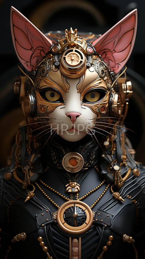 High Resolution: Feline Anthropomorphic Steampunk with Intricate Mechanical Accents Amidst Leather Textures download. | HRJPG.com