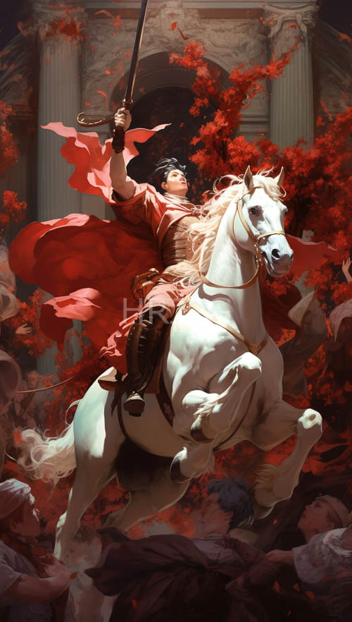 epic art of a fairskinned warrior charging on a white horse through red leaves amidst ancient columns
