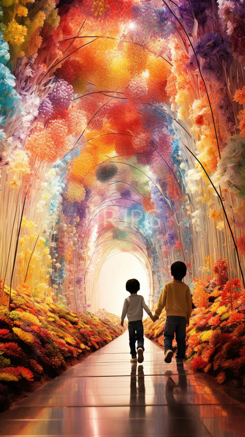 seasonal floral archways frame childhood friendship in luminous foliage and vibrant floral tapestries