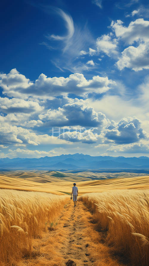 solitary figure walks down dusty path through majestic golden wheat field amidst azure sky