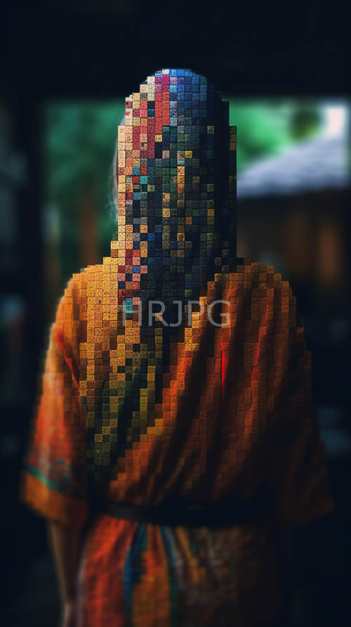 electric blue and fiery red mosaicstyle hair on traditional orange garment against rich foliage