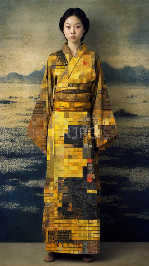 east asian woman in traditional japanese kimono on deep blue water background