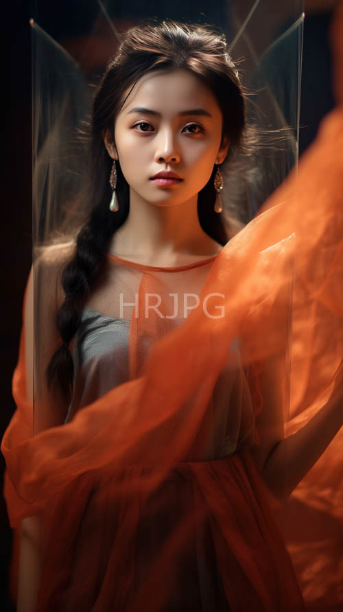 translucent dresses and sheer orange wraps drape over asian women