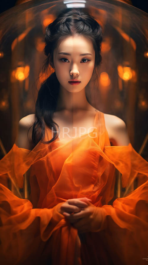 east asian woman in elegant evening wear with sunset hues and delicate textures