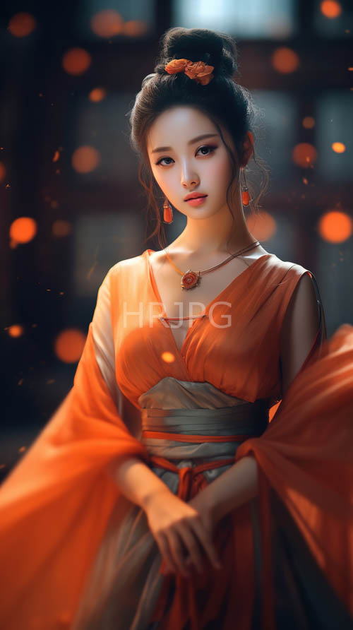 east asian womans in intricate floral silk drapes with rich red flowers in updo