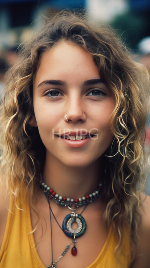 layered necklaces adorn a young woman with modern youth culture aesthetic
