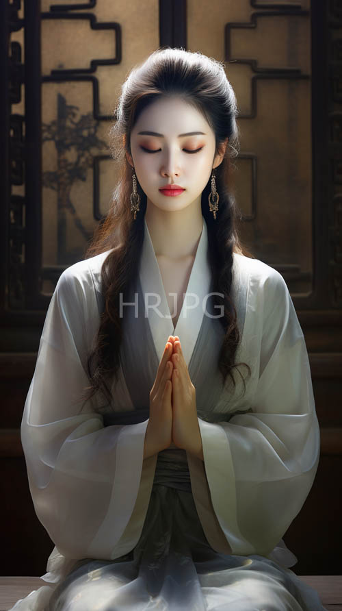 east asian woman in meditation amidst ornate wooden panels in serene asian setting with dappled sunlight