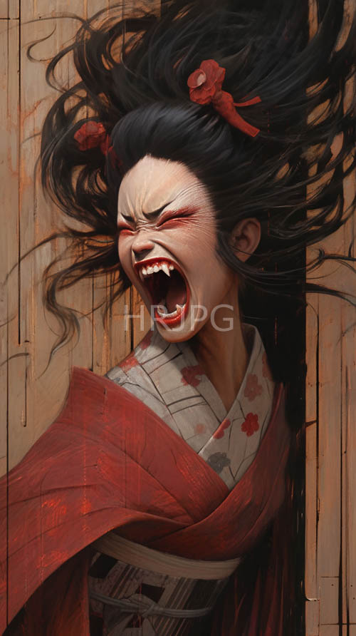 japanese woman in crimson kimono frames fury with intricate floral accents amidst darkened background