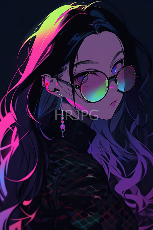 neon pink and electric green light patterns dance across young womans round glasses in animestyle of cyberpunk culture