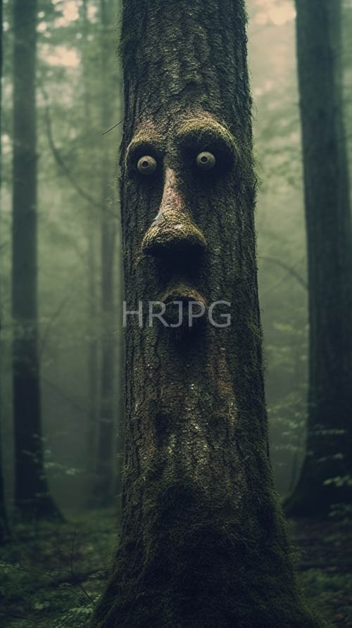mossy bark textures carve facial contours into ancient tree trunks