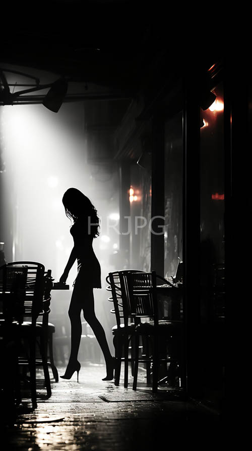 latenight caf with silhouetted woman and urban mystery