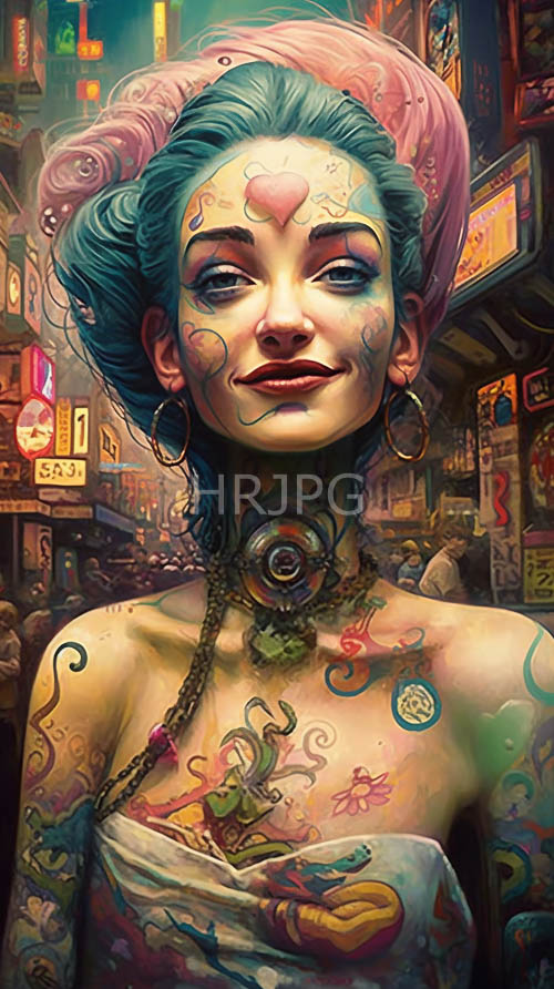 face markings and vibrant body art decorate women in studios