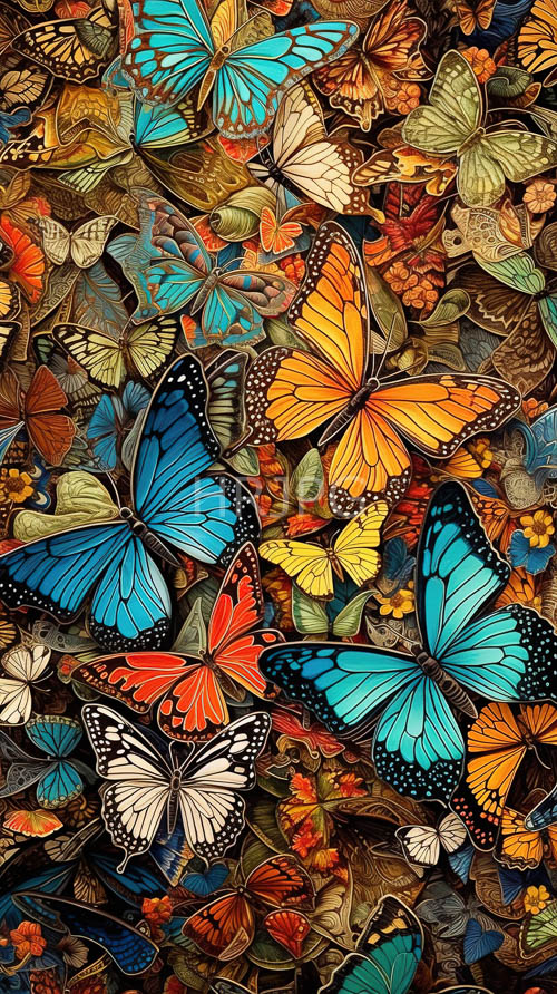 High Resolution: Mosaic Butterflies Dance Amidst Autumn Leaves in Rich Jewel Tones download. | HRJPG.com