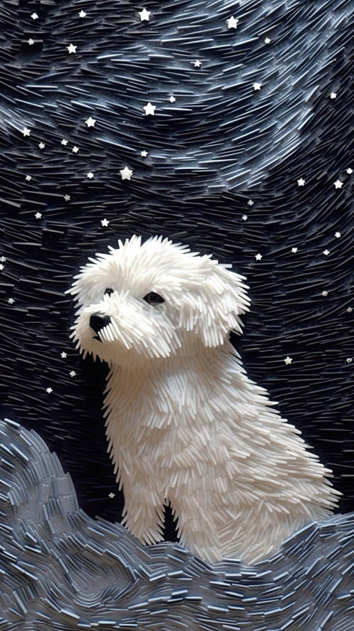 cosmic ocean landscape with fluffy canine and starry night sky texture