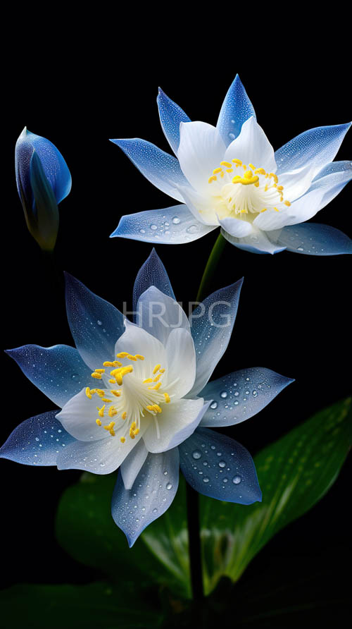 luminous aquatic blooms amidst pitchblack canvas with delicate droplets and emerald foliage