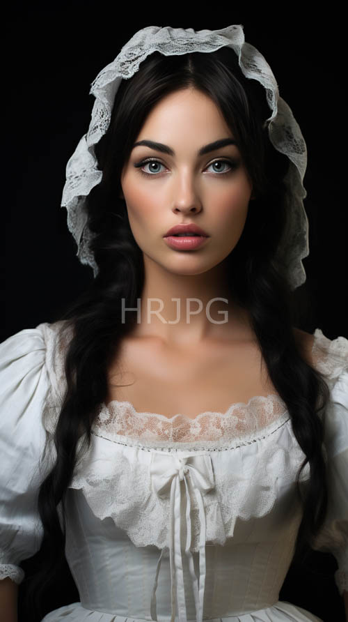 mysterious young woman in contrasting vintage lace and dark background