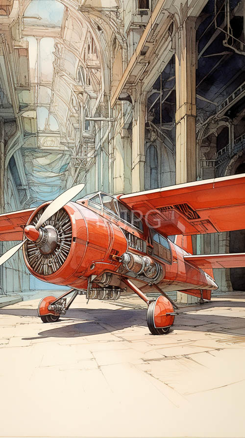 High Resolution: Biplanes display gleaming engine components inside dark industrial hangars download. | HRJPG.com