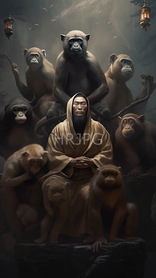 menacing monkeys surround a serene figure in a hooded cloak amidst shadows