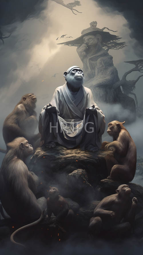 monk amidst playfully gathered monkeys in misty forest under soft filtered light and ancient stone