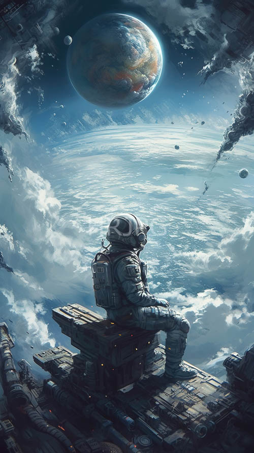 astronaut in bulky space gear observes celestial vista with swirling clouds and distant planets