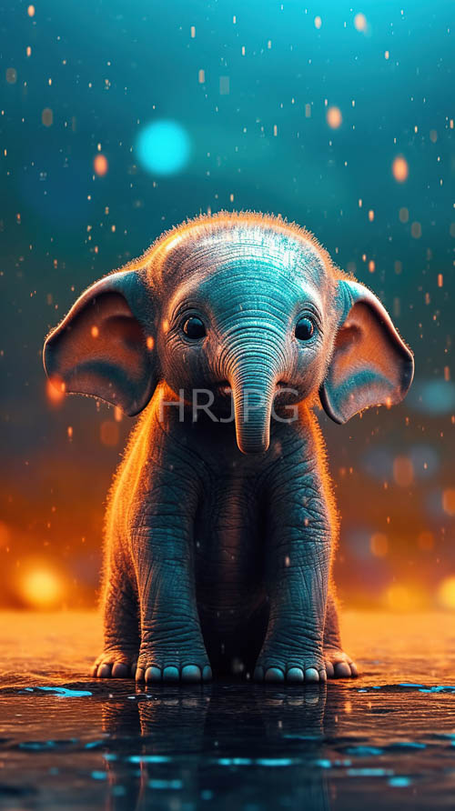 luminous orbs cast magical glow over reflective surface of fantastical elephant calf in dreamy blue haze
