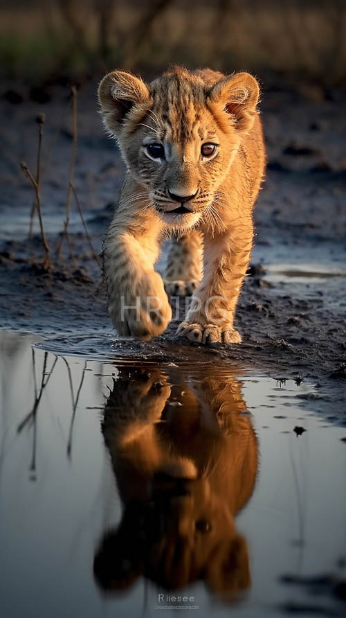 High Resolution: Lion cubs walk across savanna grasslands during golden hour sunlight download. | HRJPG.com