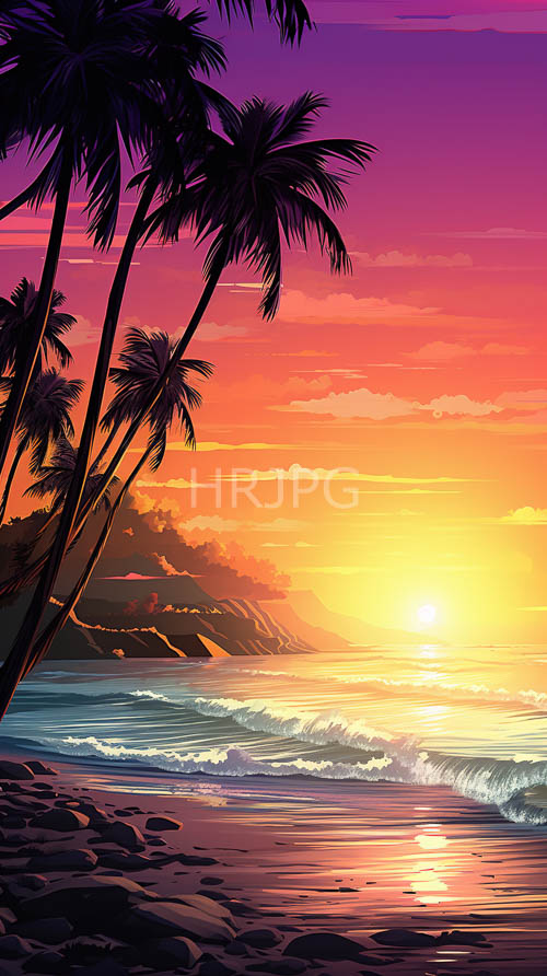 tropical palm silhouettes amidst fading orangepinkpurple sky over wet sand