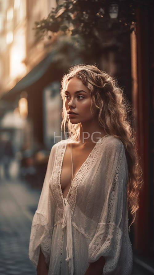 rustic urban passageway illuminates young woman wearing delicate lace blouse