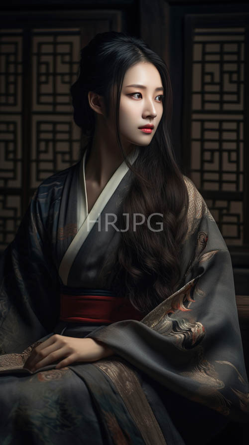 east asian woman draped in dark gray kimonos with intricate dragon embroidery against patterned backdrop