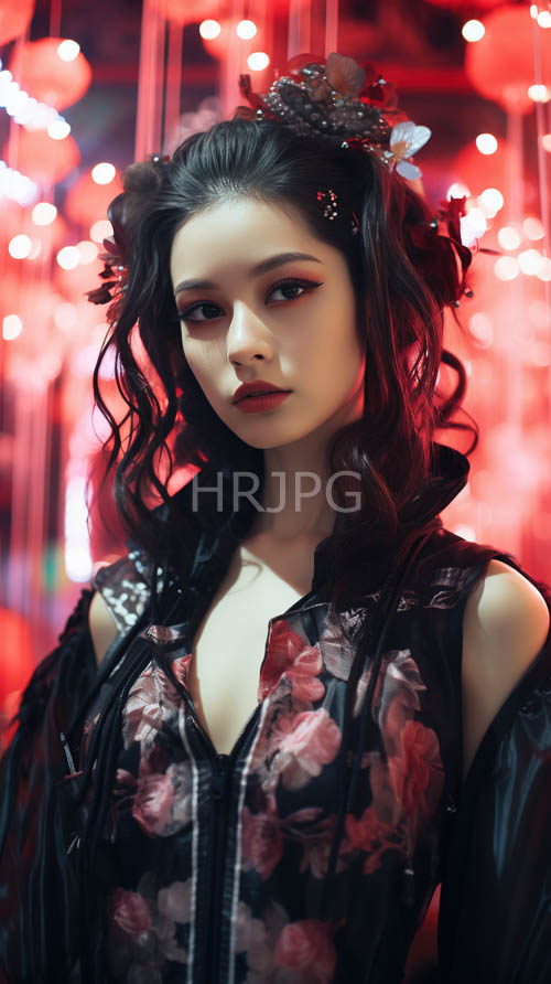 High Resolution: Fashion Gothic Romance Amidst Intricate Red Light Bokeh and Dark Sophisticated Elegance download. | HRJPG.com