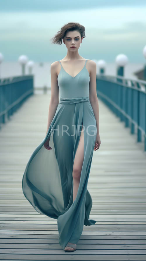 luxury resort wear in muted pastel hues on a misty sunset coastal boardwalk