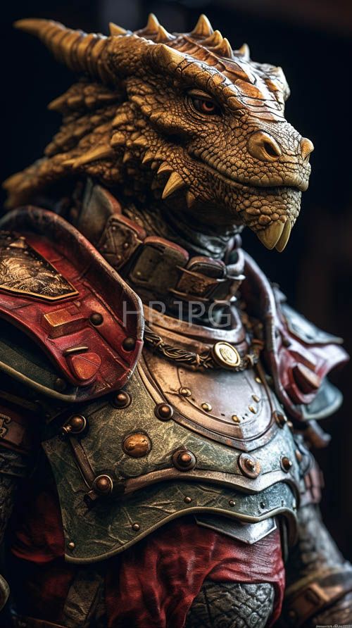 High Resolution: MedievalStyle Dragon Warrior Armor with Textured Scaly GoldenBrown Skin and Prominent Horns download. | HRJPG.com