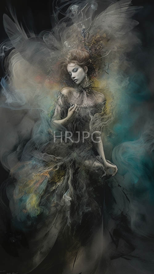 tattered black fabric strips float through cinematic atmospheric background fog