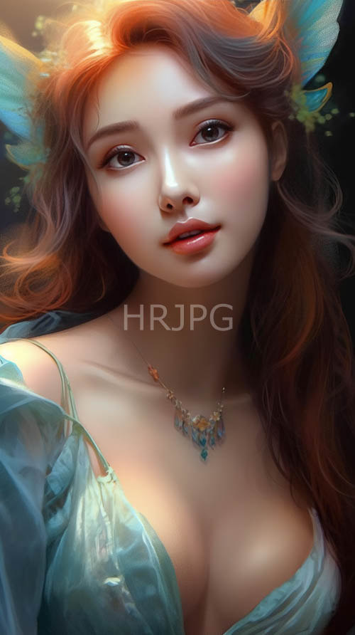 fantasy of fairskinned woman with turquoise drapery and butterfly wings in aquamarine hues