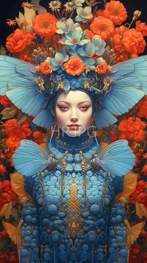 sky blue armor plates rest over orange blossoms in dreamscapes